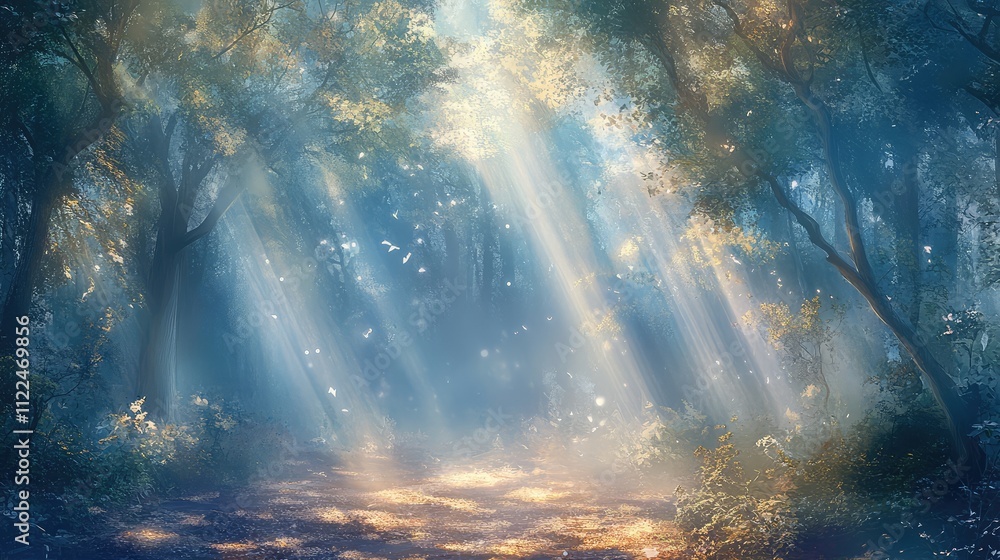 Poster ethereal light beaming through a smoky forest, with beams creating patterns on the ground