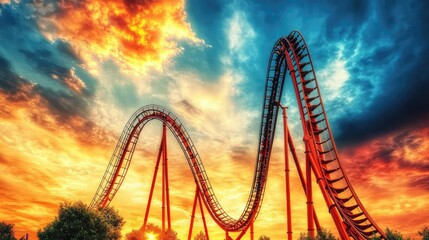 Obraz premium Thrilling Roller Coaster Against Dramatic Sunset Sky Background