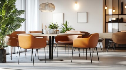 Obraz premium Modern Interior Design: Orange Chairs and Wooden Table in a Bright Room