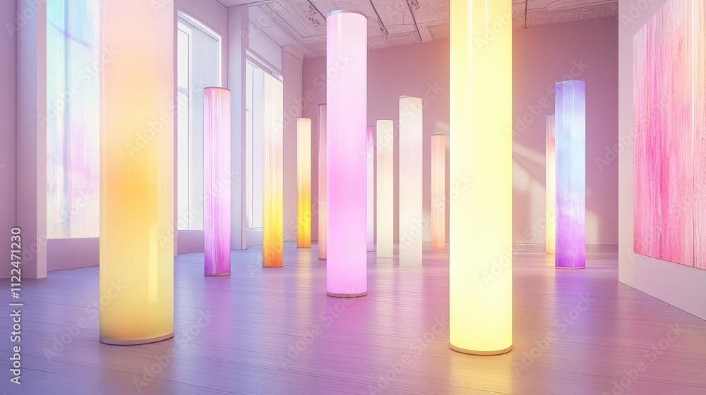 Aufkleber floor-to-ceiling light columns in various pastel hues, creating a soft, ambient atmosphere within an