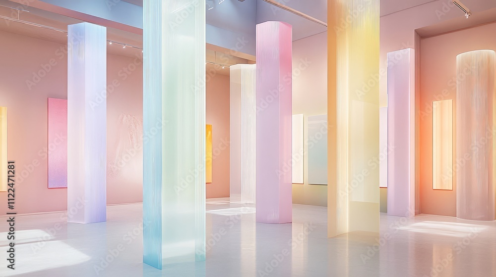 Poster floor-to-ceiling light columns in various pastel hues, creating a soft, ambient atmosphere within an