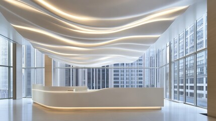 Obraz premium Modern Minimalist Office Interior with Wave Design Ceiling