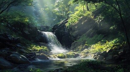 Tranquil Forest Waterfall with Sunlight and Lush Greenery Scene