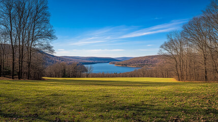 Obraz premium Scenic view of a tranquil lake surrounded by mountains in autumn