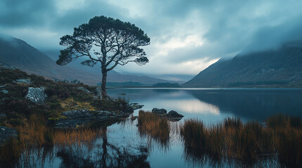 Stunning view of a solitary tree by a tranquil lake under cloudy skies