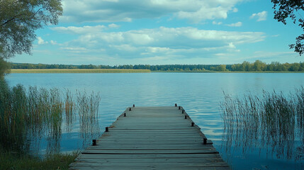 Obraz premium Serene lakeside view with wooden dock and calm water under a blue sky