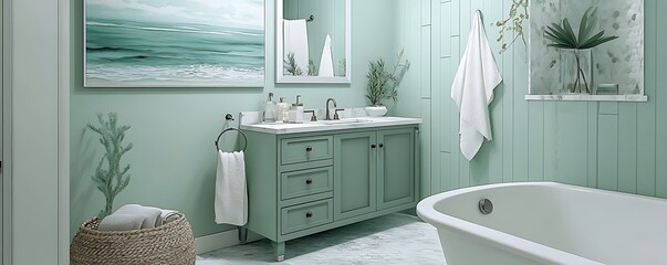 Coastal-themed bathroom with seafoam green and white accents, watercolor look 