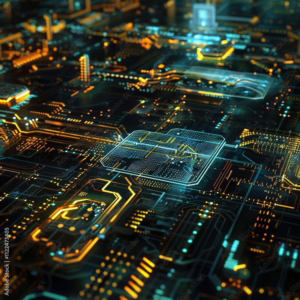 Poster intricate circuitry patterns sprawl across a metallic surface: a holographic interface hovers in mid