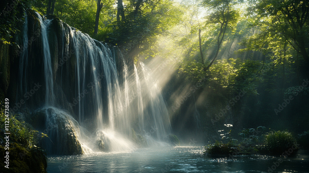 Poster serene waterfall cascading through lush forest at dawn with sunlight breaking through trees