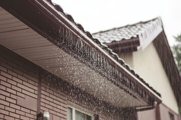 Rainwater cascading from the roof.