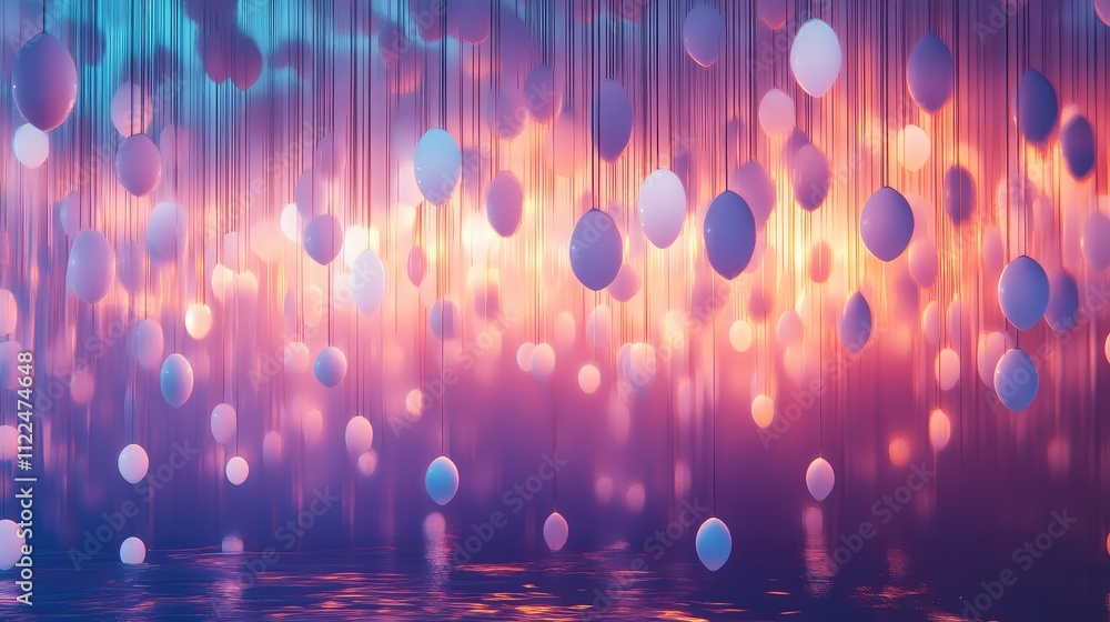 Poster glowing spheres suspended in mid-air, creating a cascading effect of soft light gradients in blues a