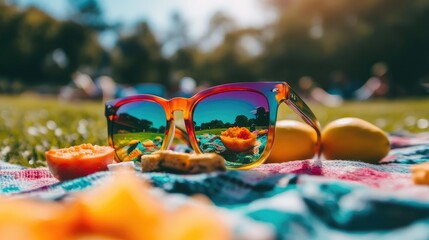 Vibrant Sunglasses Reflecting Sunny Park Scene Surrounded by Fresh Fruits and Snacks on a Colorful Blanket During a Relaxing Outdoor Picnic