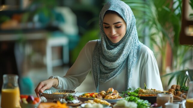 Smiling Muslim woman in hijab hosting a warm and hospitable Ramadan feast