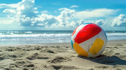 Obraz premium Colorful Beach Ball Resting on Sandy Shore with Scenic Ocean Waves and Blue Sky in the Background for Summer Fun and Recreation Imagery