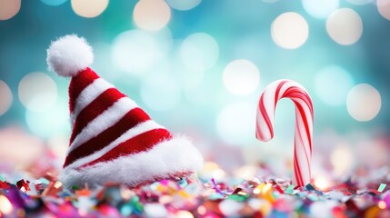 Obraz premium Festive Christmas Hat and Candy Cane Surrounded by Glittering Confetti with Soft Focus Bokeh Background Ideal for Holiday Celebrations and Seasonal Crafts