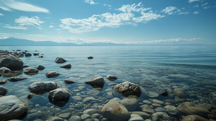 Serene lakeside view with clear waters and rocky shore under a blue sky