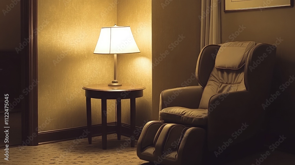 Poster cozy corner with a relaxing chair and soft lamp light in a quiet room, ideal for unwinding and creat