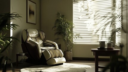 Fototapeta premium Cozy and Inviting Living Room with a Modern Recliner, Sunlight Filtering Through Blinds, Potted Plants, and a Warm Atmosphere for Relaxation
