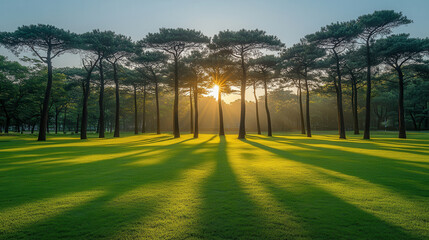 Obraz premium serene landscape featuring tall pine trees casting long shadows on lush green grass during sunset, creating peaceful and tranquil atmosphere