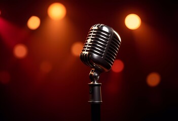 Vintage Microphone on Stage With Dramatic Red Lighting and Bokeh