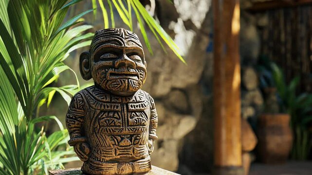 Intricate Wooden Tiki Statue in Tropical Setting
