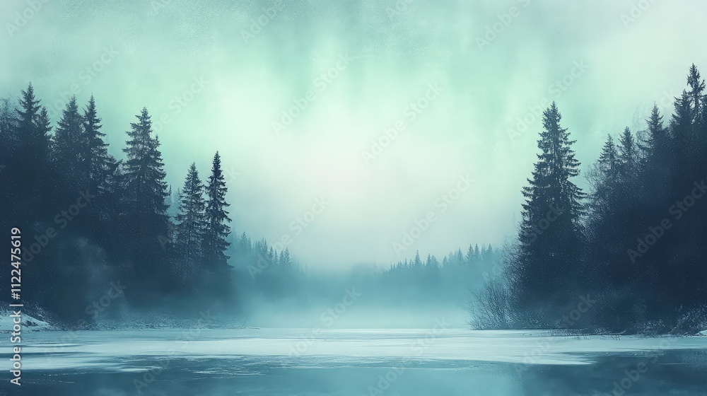 Poster hazy aurora bands in pastel greens float gently above a frozen lake surrounded by evergreen trees