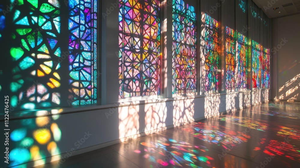 Poster intricate shadow patterns from stained glass creating colorful designs on a white wall