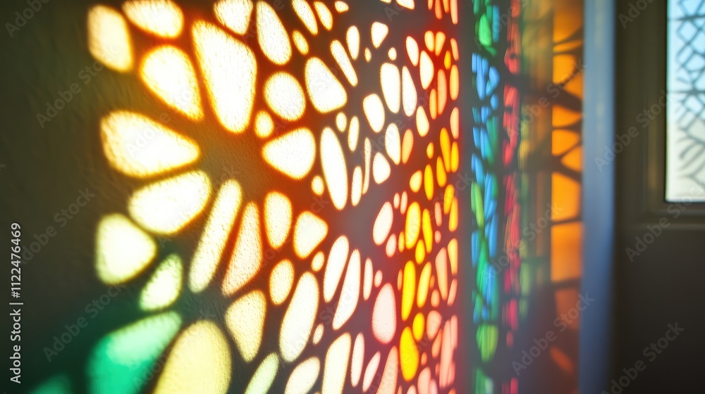 Poster intricate shadow patterns from stained glass creating colorful designs on a white wall
