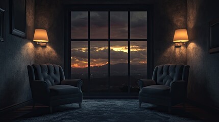 Fototapeta premium Sunset View from Dark Room with Armchairs