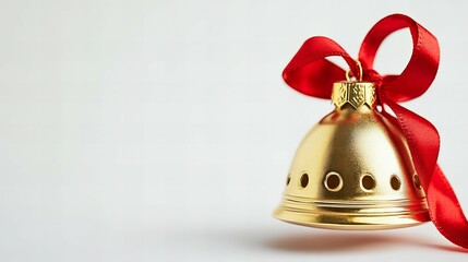A detailed shot of a gold bell with a red ribbon, set against a white background for elegant Christmas decorations.