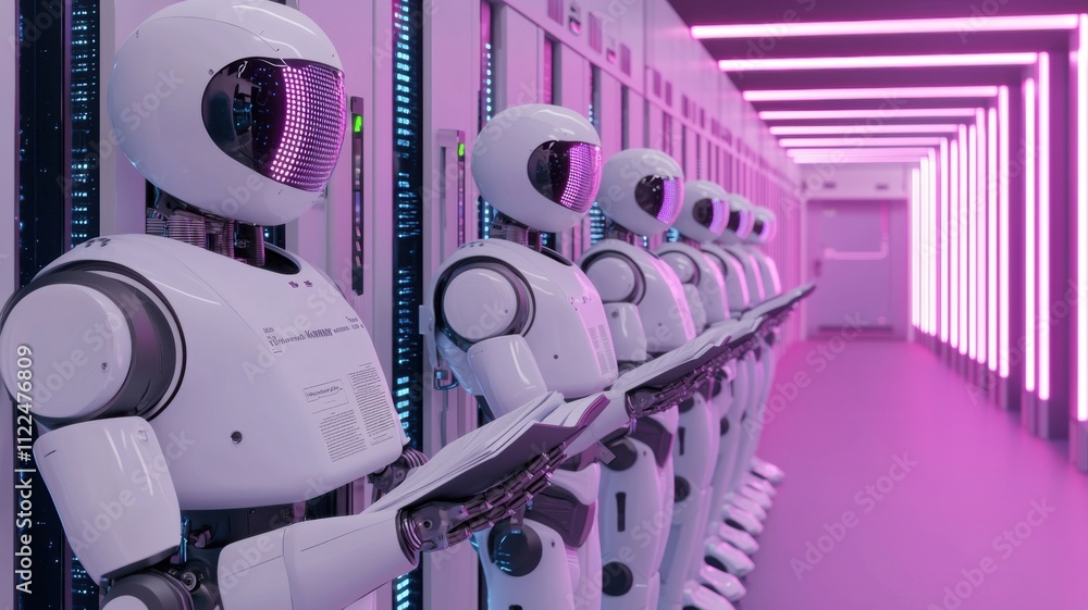 Poster robotic workforce monitoring data centers futuristic facility technology imagery neon environment si