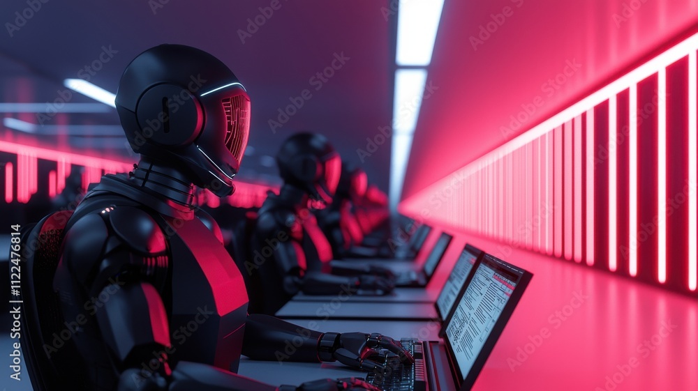 Poster robotic data processing event in futuristic workspace digital environment corporate viewpoint techno