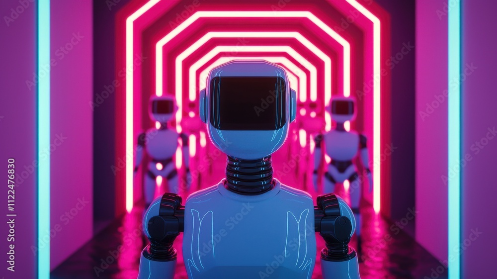 Poster futuristic robotics display neon-lit corridor digital art virtual environment wide angle technology 