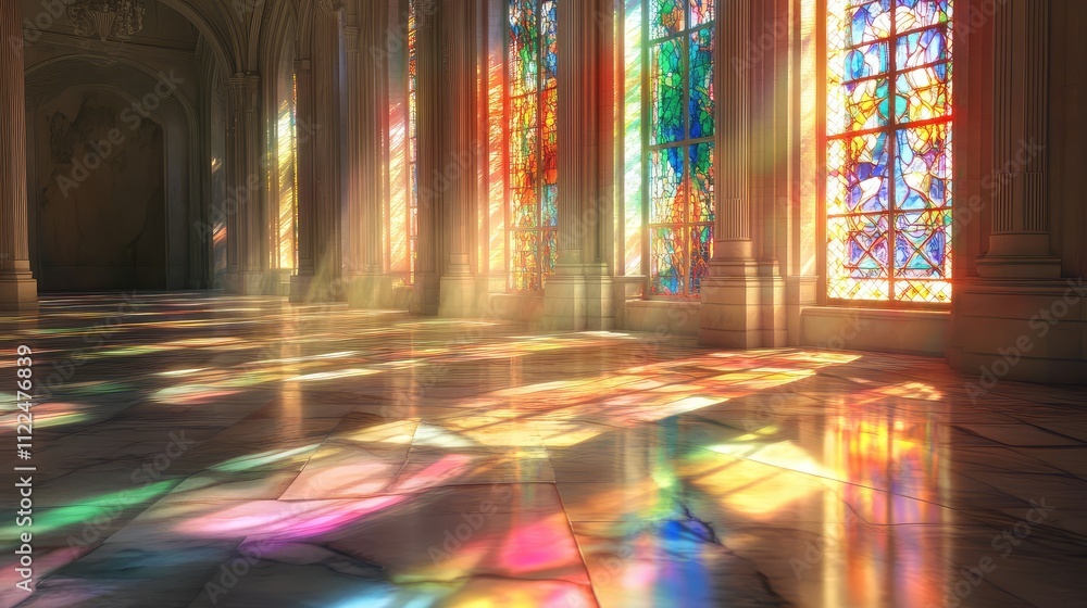 Poster intricate stained glass window with sunlight illuminating each color, casting abstract shapes on a m