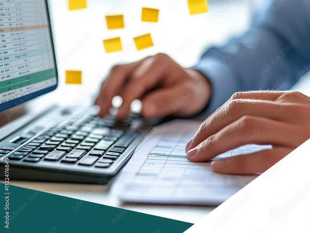 Poster data analysis in actiona professional working environment with excel on laptop and keyboard focus in