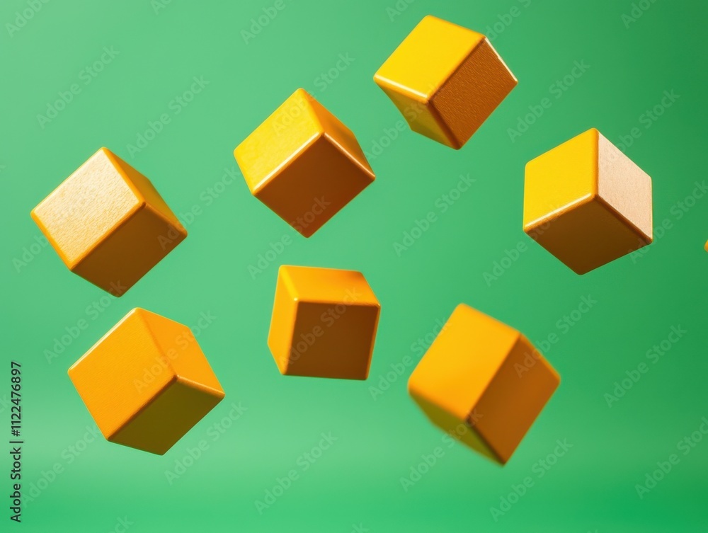 Poster floating yellow cubes studio setting 3d render minimalist environment aerial view abstract conceptua