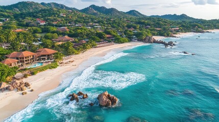 Fototapeta premium Serene Aerial View of Tropical Beach with Lush Greenery and Waves