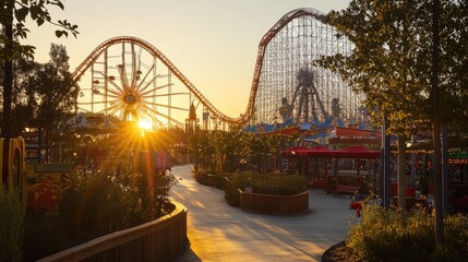 Obraz premium Vibrant Sunset Over Amusement Park with Roller Coaster and Ferris Wheel