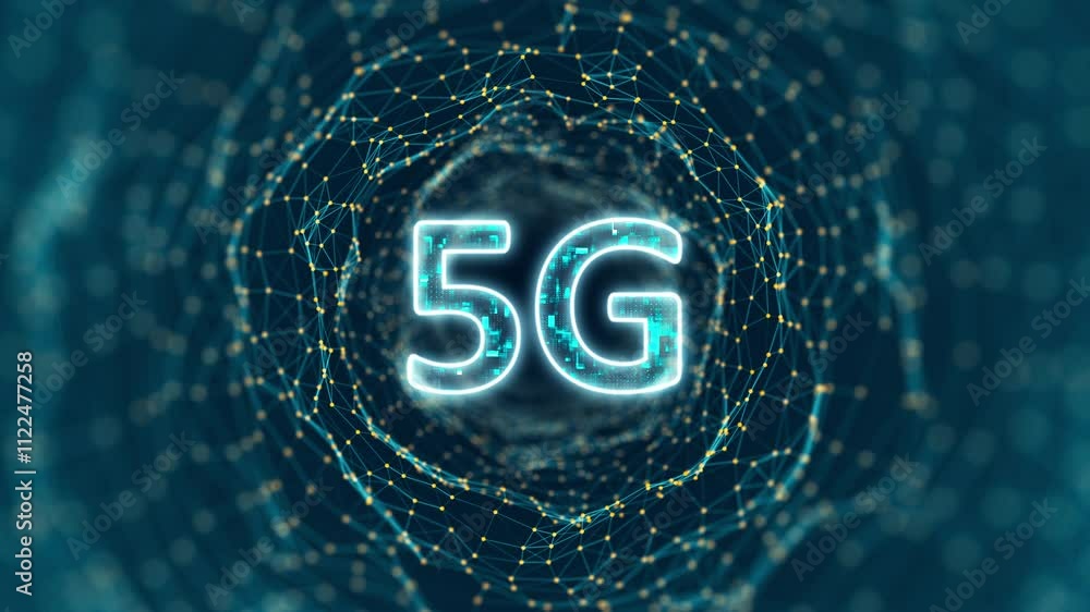 Aufkleber motion graphic of blue digital 5g letter logo and tunnel line connection with generation of connecti