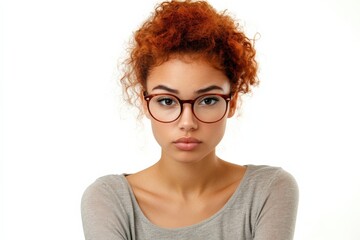 Obraz premium Portrait of a Young Woman with Curly Red Hair and Glasses on a White Background