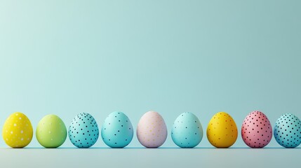 Obraz premium Colorful Easter Eggs in a Row on Soft Blue Background
