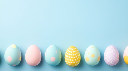 Fototapeta premium Colorful Decorative Eggs on Blue Background for Spring Celebrations