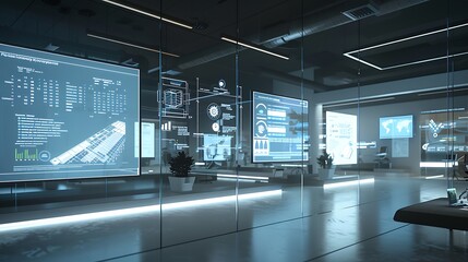 A futuristic office setting with multiple screens embedded into the walls, each showing different stages of a project timeline with 3D visualizations.