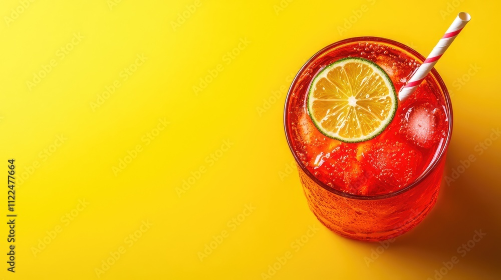 Poster refreshing citrus drink with ice and straw on yellow background
