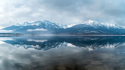 Fototapeta premium Snow-capped mountains reflect in calm lake water under cloudy sky at dawn