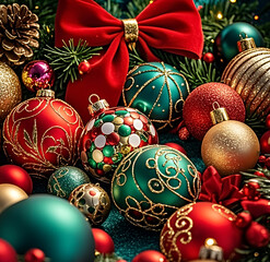 Christmas tree with gifts, decorations, baubles, and presents.