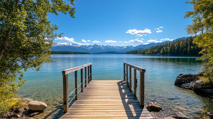 Obraz premium Calm lake view with wooden dock and mountains under clear blue sky