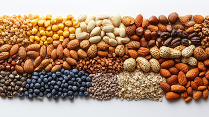 Naklejka premium vibrant collection of various nuts and seeds arranged neatly on white background, showcasing their diverse shapes and colors, perfect for healthy snacking or culinary use