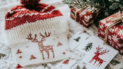 Cozy Christmas Scene Featuring Knitted Hat with Reindeer Design, Holiday Gifts Wrapped in Festive Paper, and Seasonal Greeting Cards on Soft Blanket