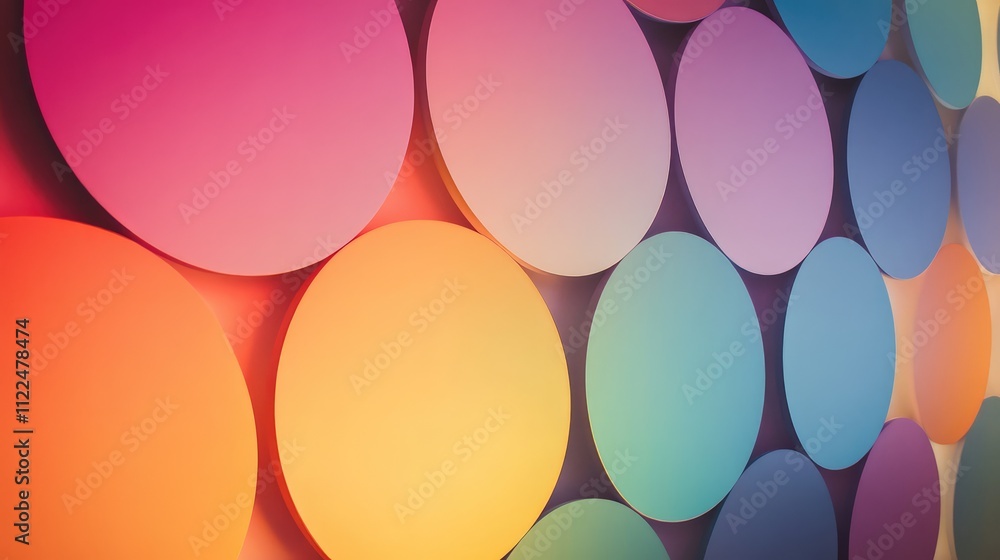 Poster large circular lights in gradient hues, arranged on a wall to form a rhythmic pattern of overlapping